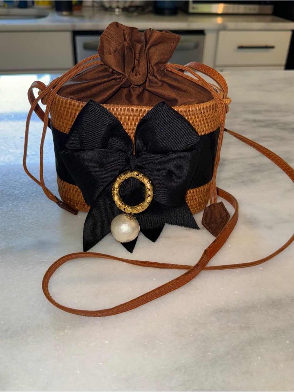 Lisi Lerch Bosom Buddy Handwoven Ata Grass Crossbody Bag-Black Ribbon